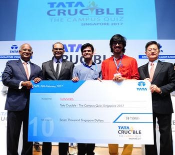 Defending champions Rohan Naidu and Shivam Bhardwaj of National University of Singapore (NUS) overcame a stiff competition from Arvind Ramesh and Anshuman Anand of Nanyang Technological University (NTU) to win the coveted champion title and trophy at Tata Crucible Campus Quiz Singapore 2017 held on Thursday, February 9, 2017 at Shaw Foundation Alumni House, National University of Singapore