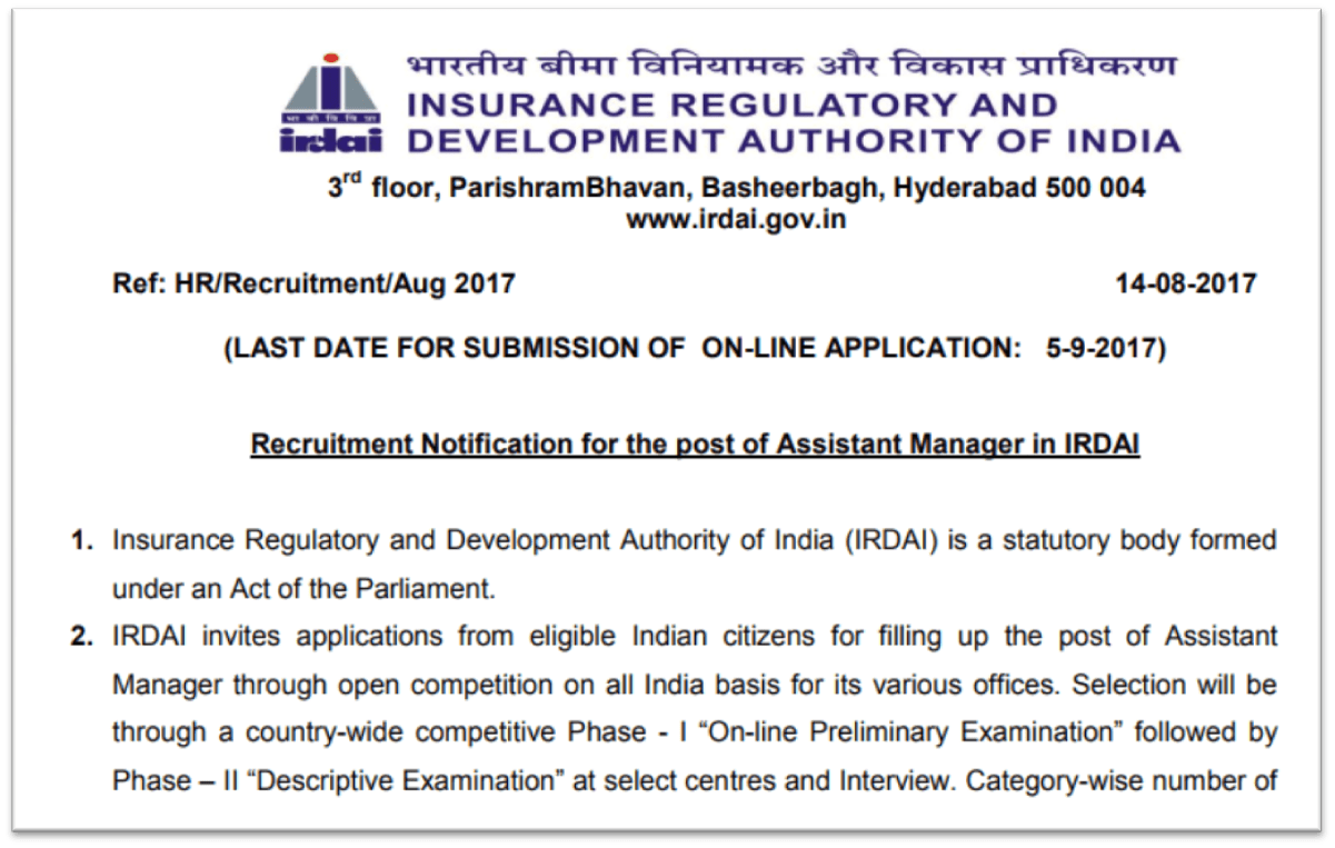 Insurance Regulatory and Development Authority of India (IRDAI) hiring 30 Assistant Manager posts