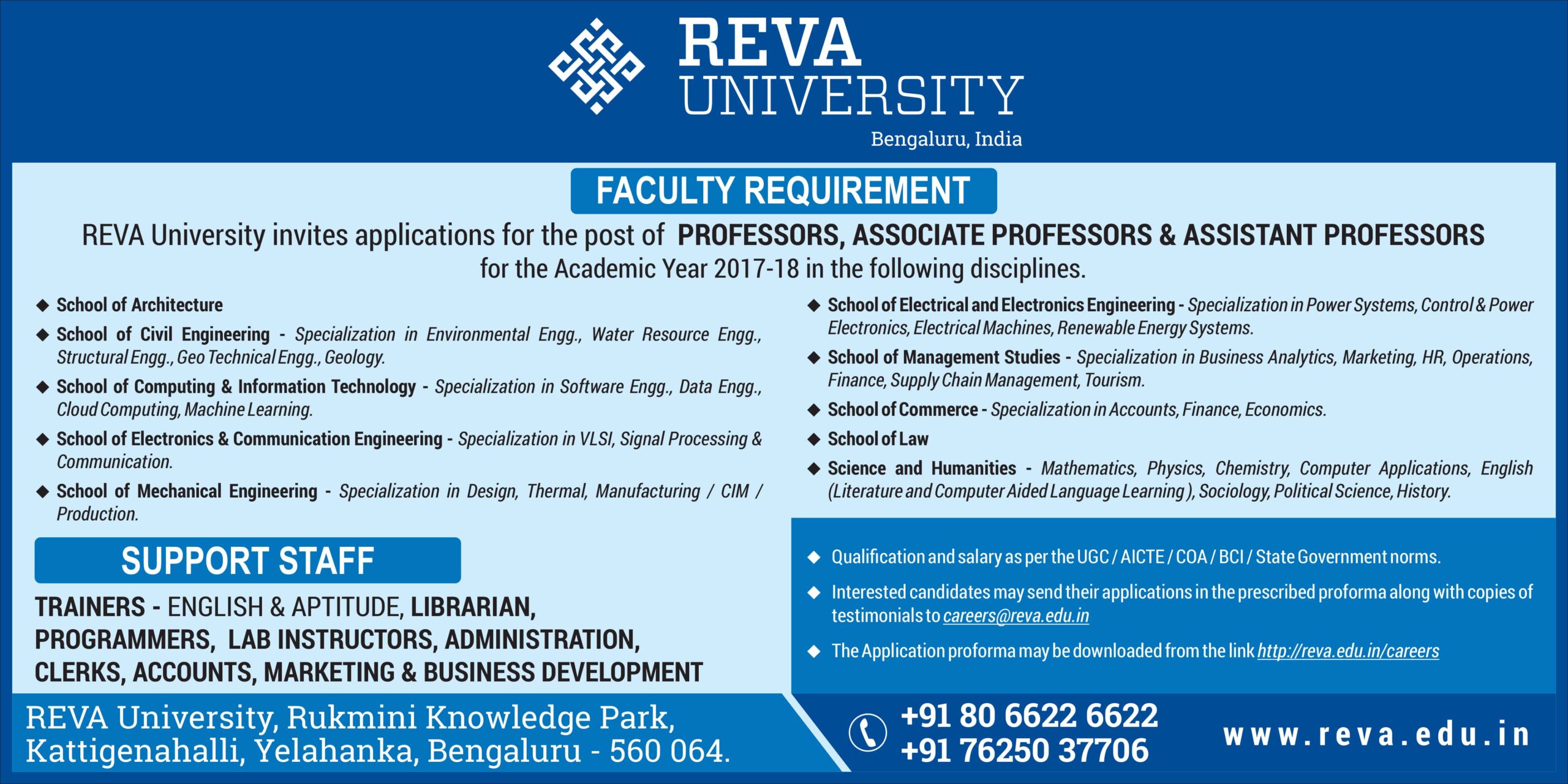 Recruitment of faculty positions at Reva University, Bangalore! Apply now