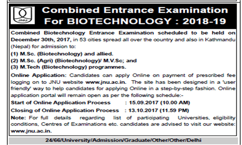 JNU announces schedule and admission process for Combined Entrance Examination for BioTechnology (CEEB) 2018-19
