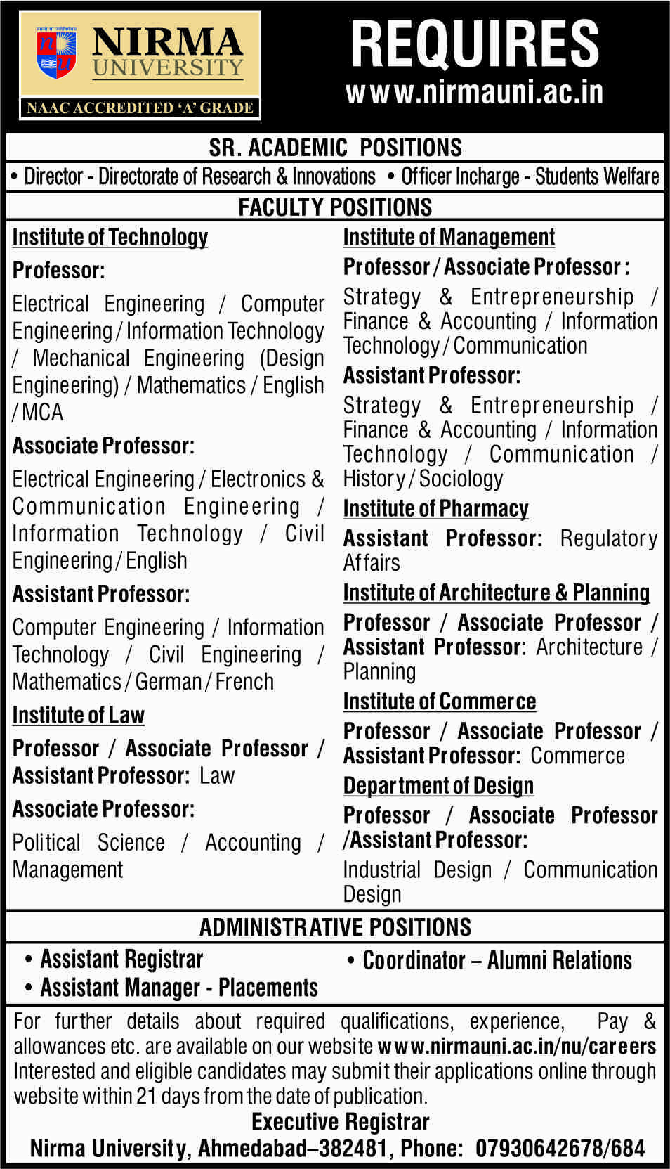 Nirma University hiring faculty posts for its various departments