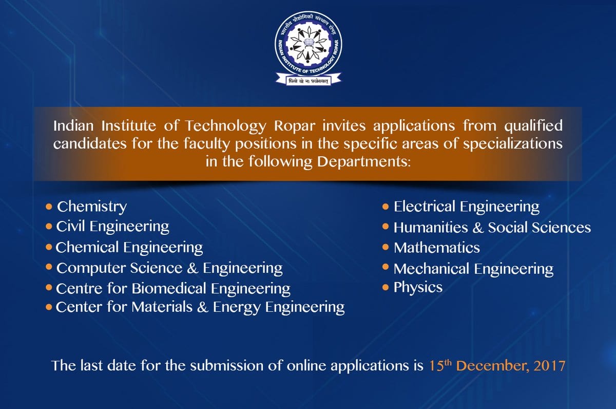 IIT Ropar recruiting faculty posts for various departments; Apply before 15 Dec 2017