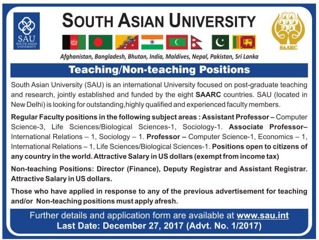 South Asia University, New Delhi recruiting faculty posts! Apply before 27 Dec 2017