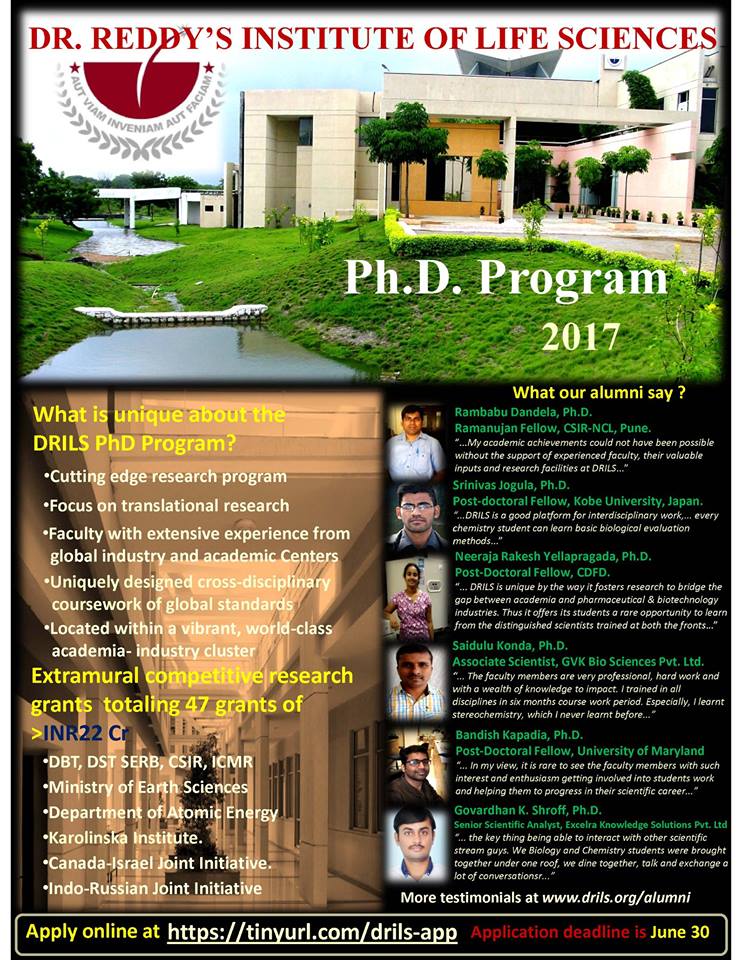 Dr Reddy’s Institute of Life Sciences announces PhD Program 2018