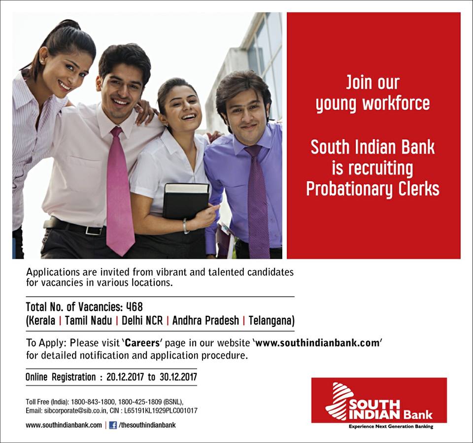 South Indian Bank hiring 468 Probationary Clerks ! Apply now