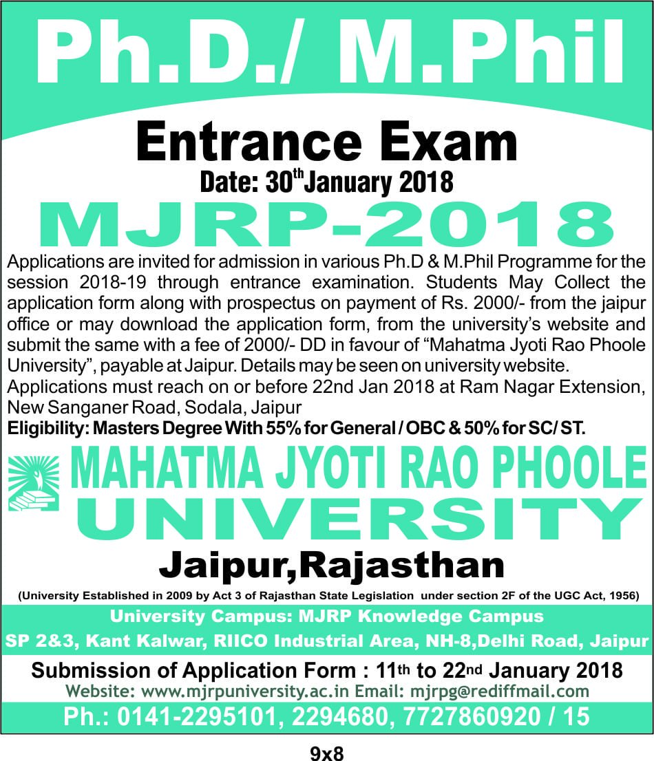 PhD admission open in Mahatma Jyoti Rao Phoole University Jaipur for 2018-19
