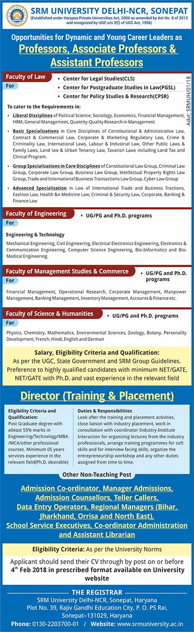 SRM University Delhi-NCR hiring faculty posts ! Apply now
