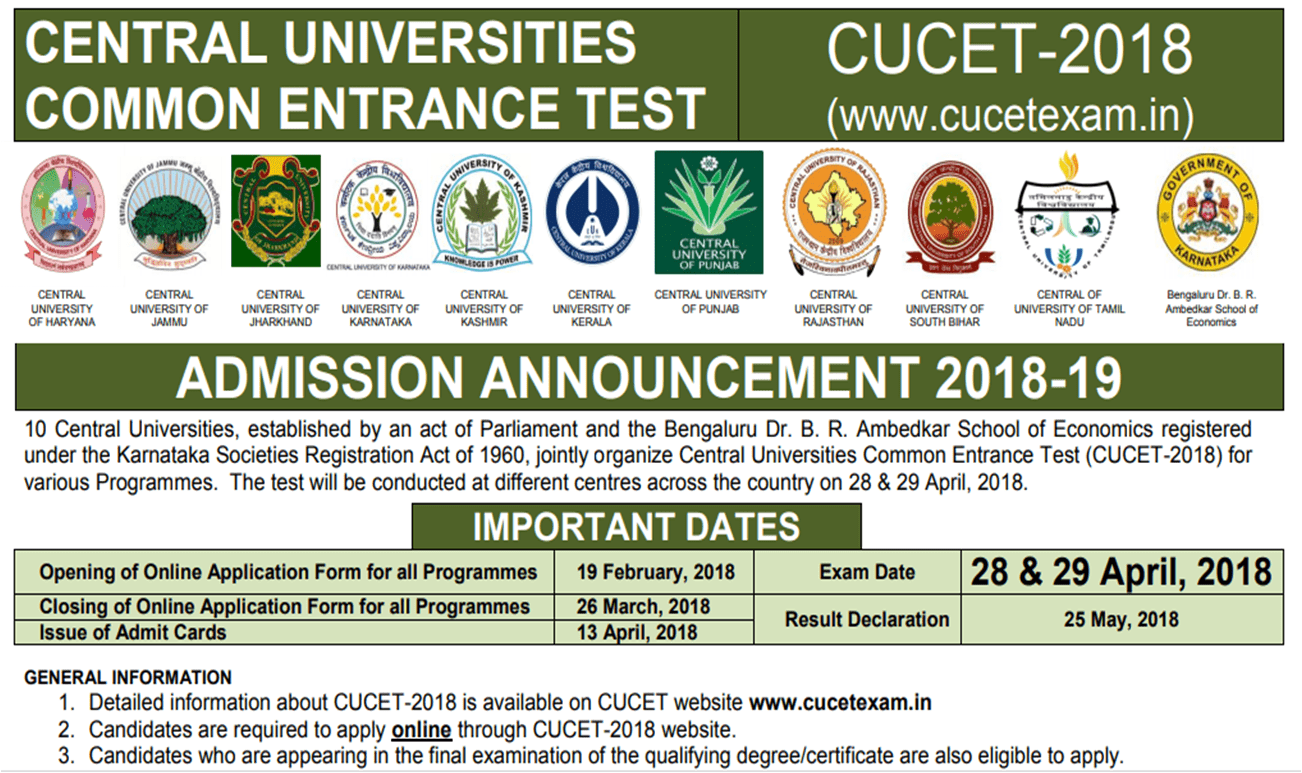 Central Universities Common Entrance Test (CUCET) 2018 notification out ! Application window opens from 19 Feb 2018