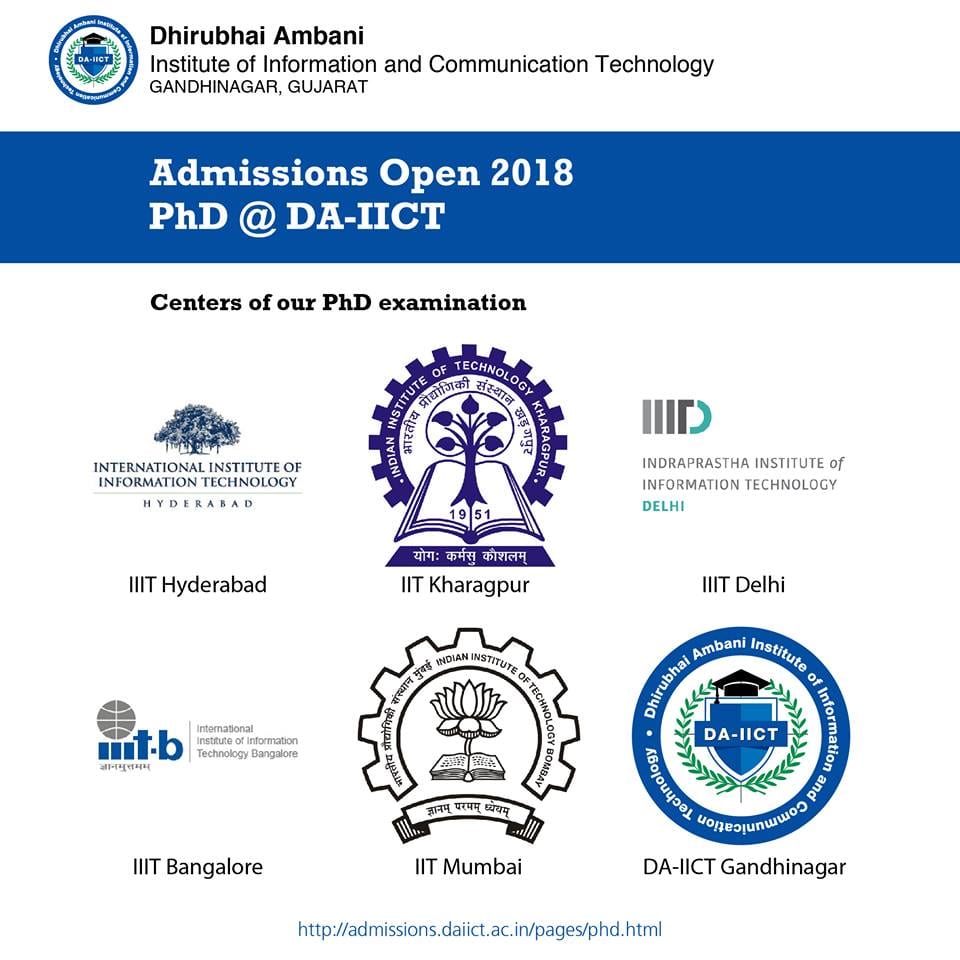 PhD Admission open for 2018-19 session in Dhirubhai Ambani Institute of Information and Communication Technology, Gandhinagar