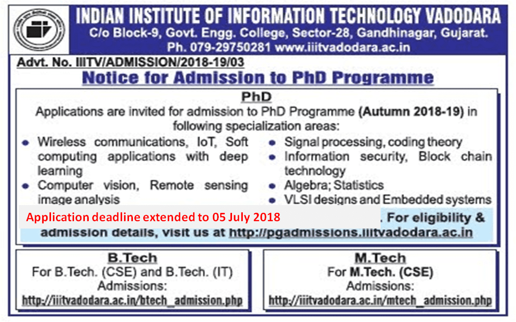 IIIT Vadodara: Application window for PhD Programme Autumn 2018-2019 extended to 05 July 2018