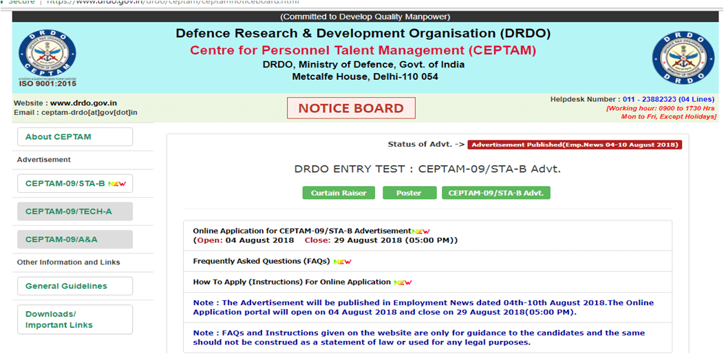 Defence Research & Development Organization (DRDO) recruiting 494 Senior Technical Assistant-B posts