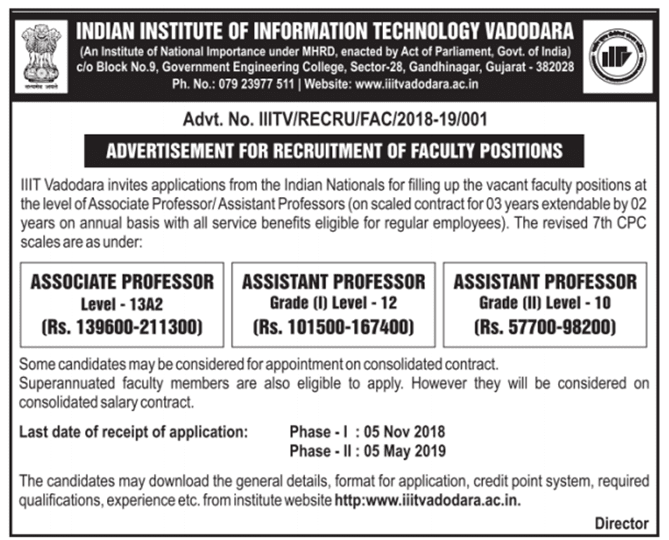 IIIT Vadodara is recruiting Faculty Positions ! Apply now