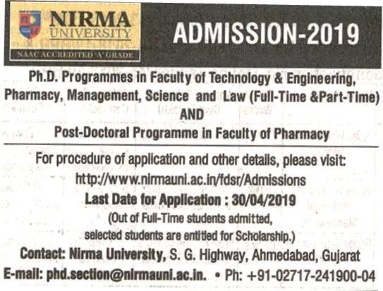 PhD Admission Open for 2019-20 in Nirma University