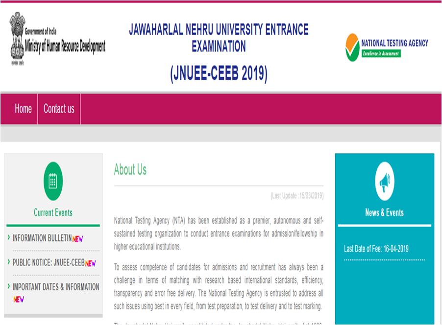 Jawaharlal Nehru University Entrance Examination (JNUEE) 2019 & CEEB 2019 notification released