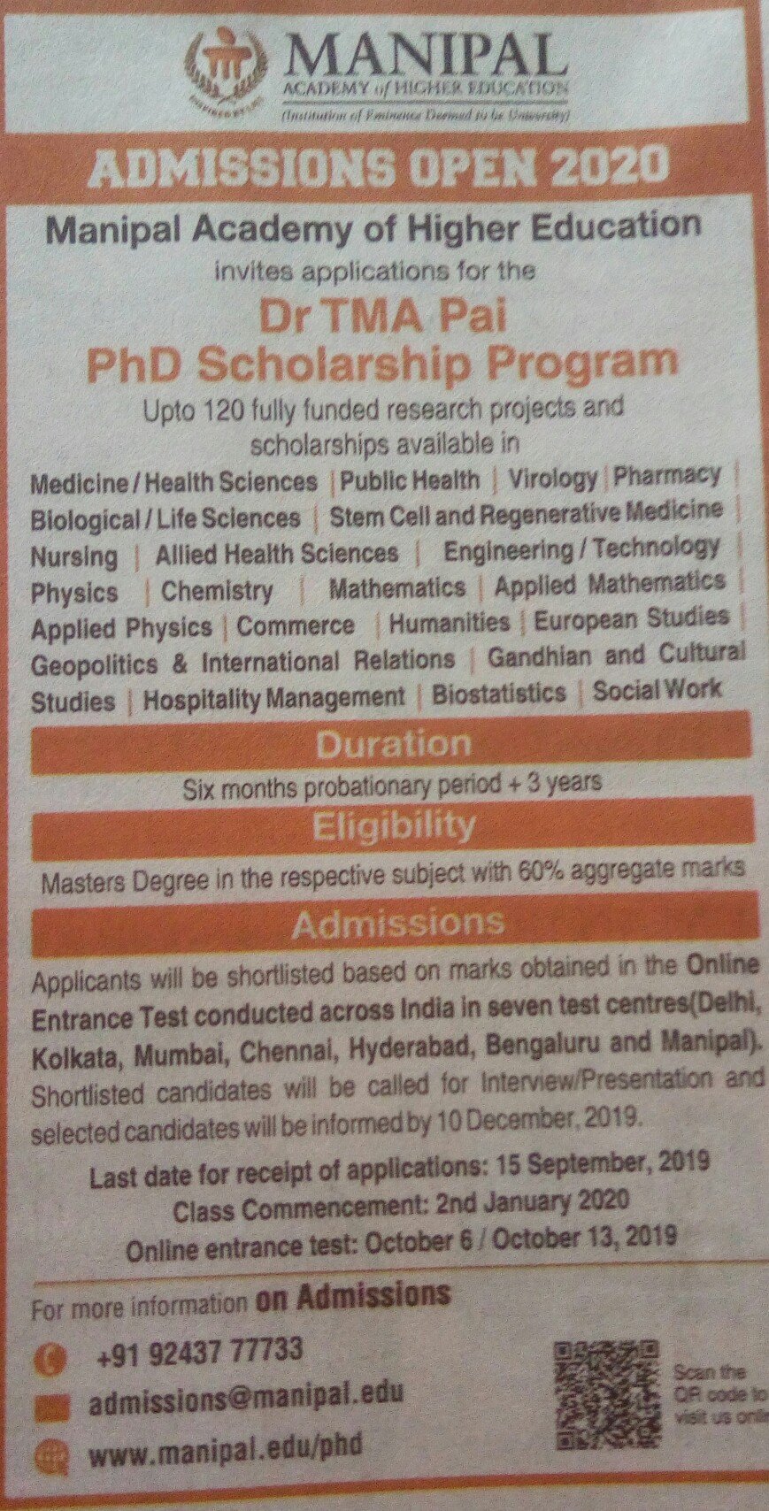 PhD Admission open for January 2020 in Manipal Academy of Higher Education