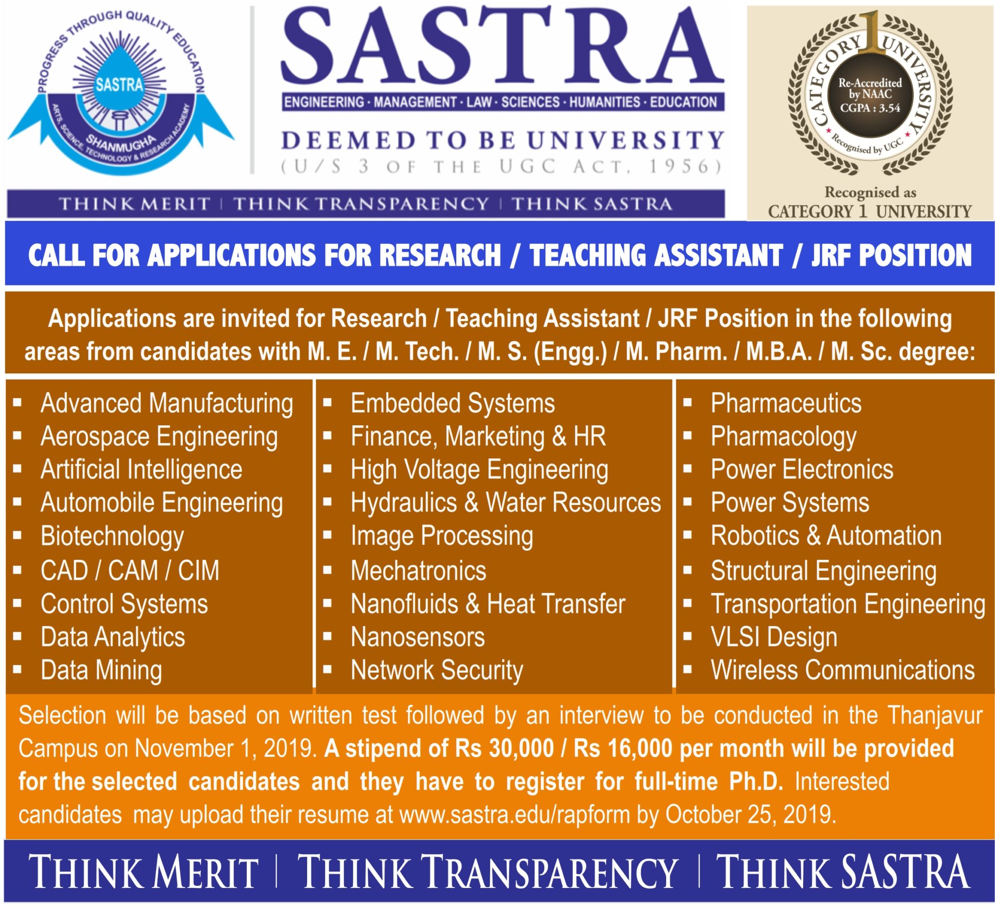 Opportunities for Master Degree Holders: SASTRA Deemed University hiring Research, Teaching Assistant & JRF Positions via PhD program