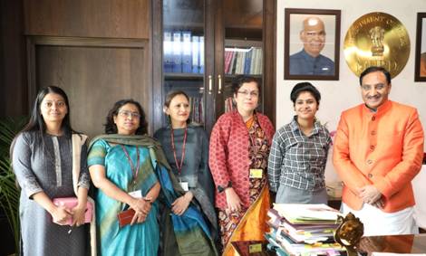 Union HRD Minister felicitates Anju Rani, a young education activist in New Delhi