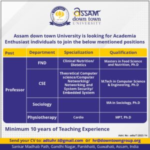 Assam down town University Hiring Faculty Posts for Multiple Departments