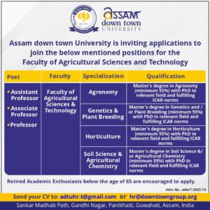 Assam down town University Hiring Faculty Posts for Multiple Departments 