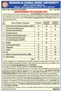 Maharaja Ganga Singh University Bikaner Recruiting 60 Faculty Posts Including 27 Asst. Professors