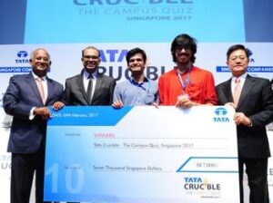 Defending champions Rohan Naidu and Shivam Bhardwaj of National University of Singapore (NUS) overcame a stiff competition from Arvind Ramesh and Anshuman Anand of Nanyang Technological University (NTU) to win the coveted champion title and trophy at Tata Crucible Campus Quiz Singapore 2017 held on Thursday, February 9, 2017 at Shaw Foundation Alumni House, National University of Singapore