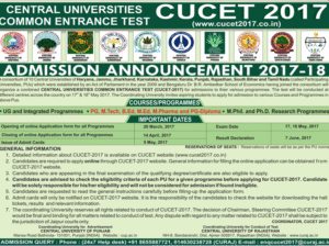 Central Universities Common Entrance Test (CUCET) 2017 Admission notification for UG, PG, PhD programmes