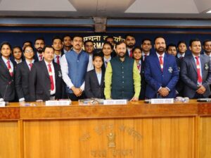 Prakash Javadekar interacts with Indian University team of Badminton and Taekwondo before World University Games