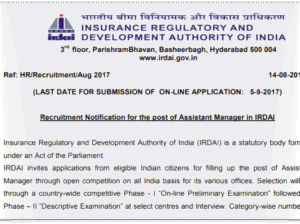 Insurance Regulatory and Development Authority of India (IRDAI) hiring 30 Assistant Manager posts