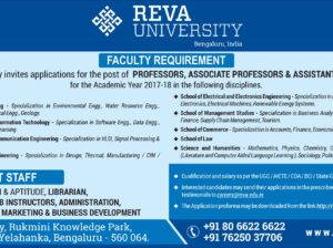 Recruitment of faculty positions at Reva University, Bangalore! Apply now