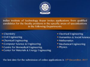 IIT Ropar recruiting faculty posts for various departments; Apply before 15 Dec 2017