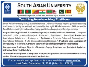 South Asia University, New Delhi recruiting faculty posts! Apply before 27 Dec 2017