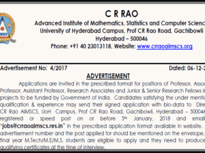 CR Rao Advanced Institute of Mathematics, Statistics and Computer Science, Hyderabad hiring Faculty posts, RA, JRF and Project Assistants