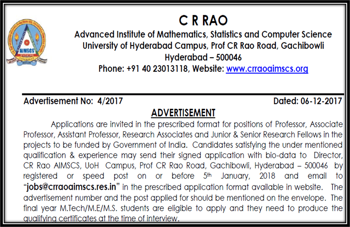 CR Rao Advanced Institute of Mathematics, Statistics and Computer Science, Hyderabad hiring Faculty posts, RA, JRF and Project Assistants