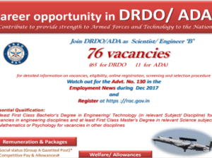 DRDO and Aeronautical Development Agency invite applications for 76 Scientist B posts
