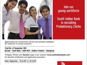 South Indian Bank hiring 468 Probationary Clerks ! Apply now