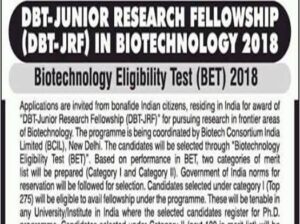Department of Biotechnology announces Biotechnology Eligibility Test (BET) 2018