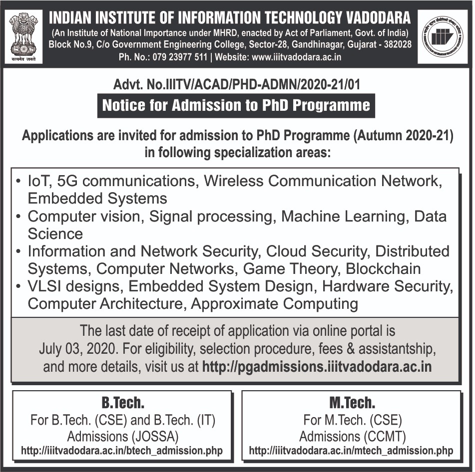 IIIT Vadodara releases PhD Admission notification for Autumn 2020-21