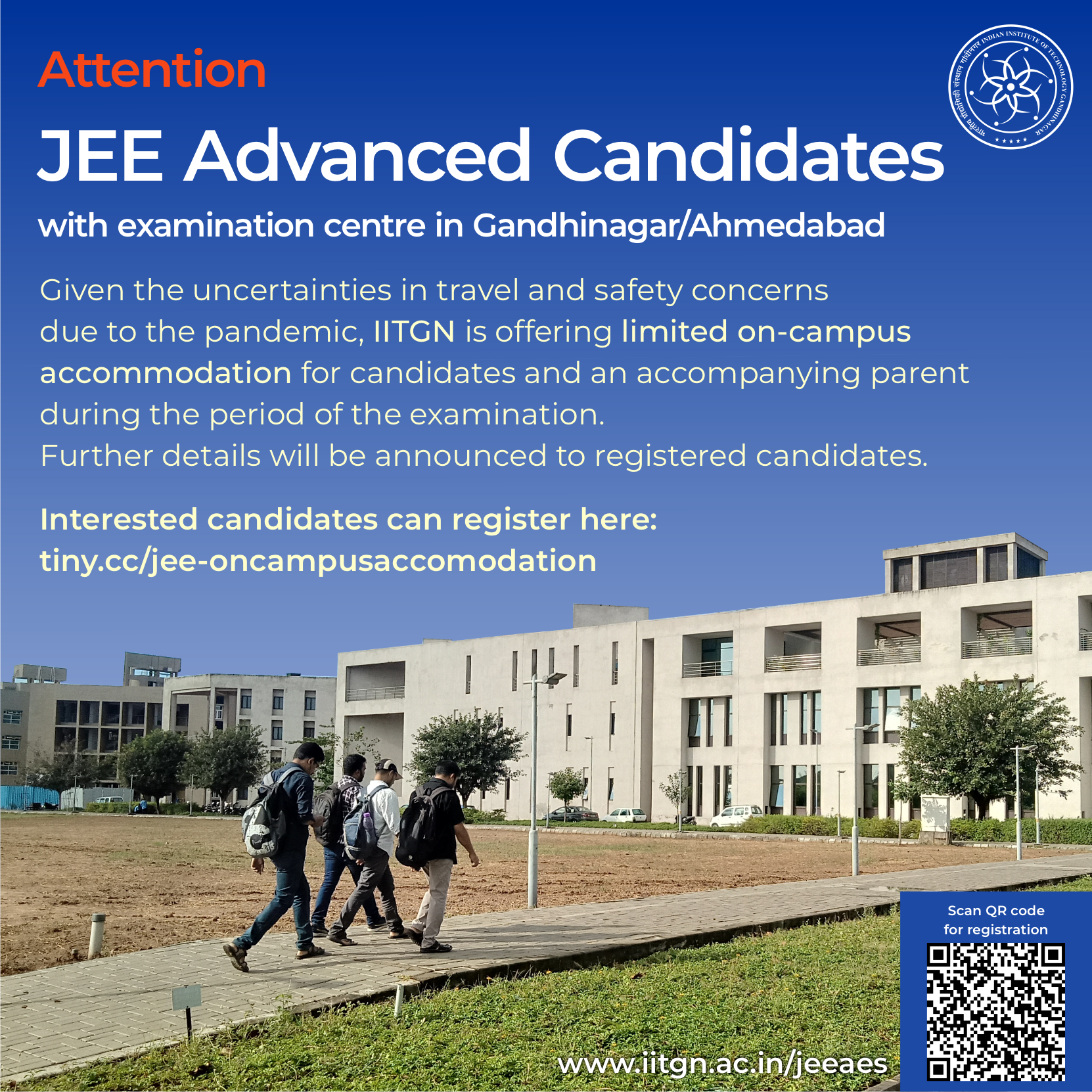 IITGN offers on-campus overnight accommodation support to JEE Advanced exam candidates