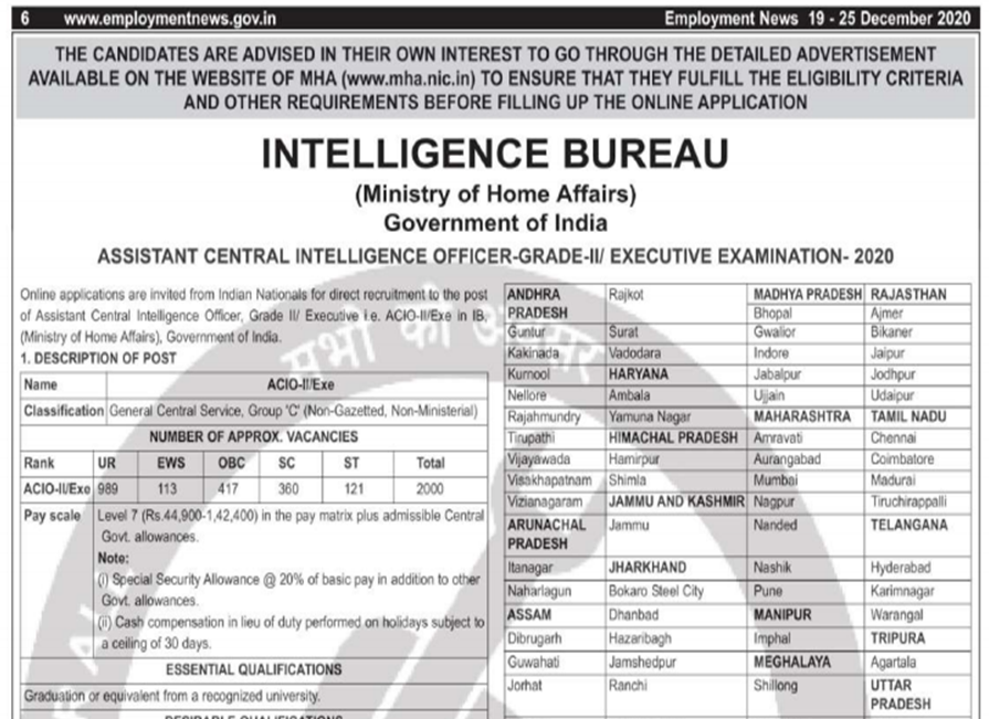 Ministry of Home Affairs Recruiting 2,000 Assistant Central Intelligence Officers and Releases Notification