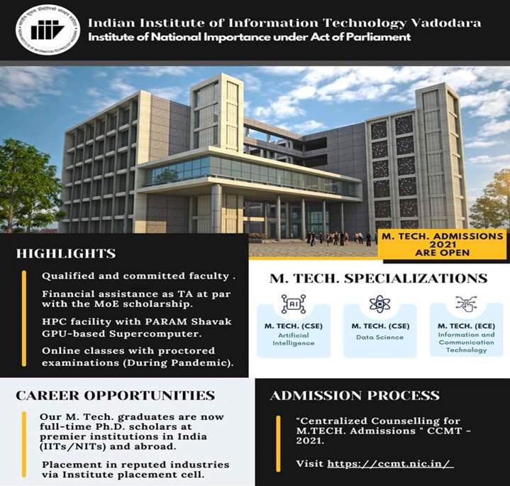 IIIT Vadodara MTech Admission 2021-22 with Teaching Assistantship