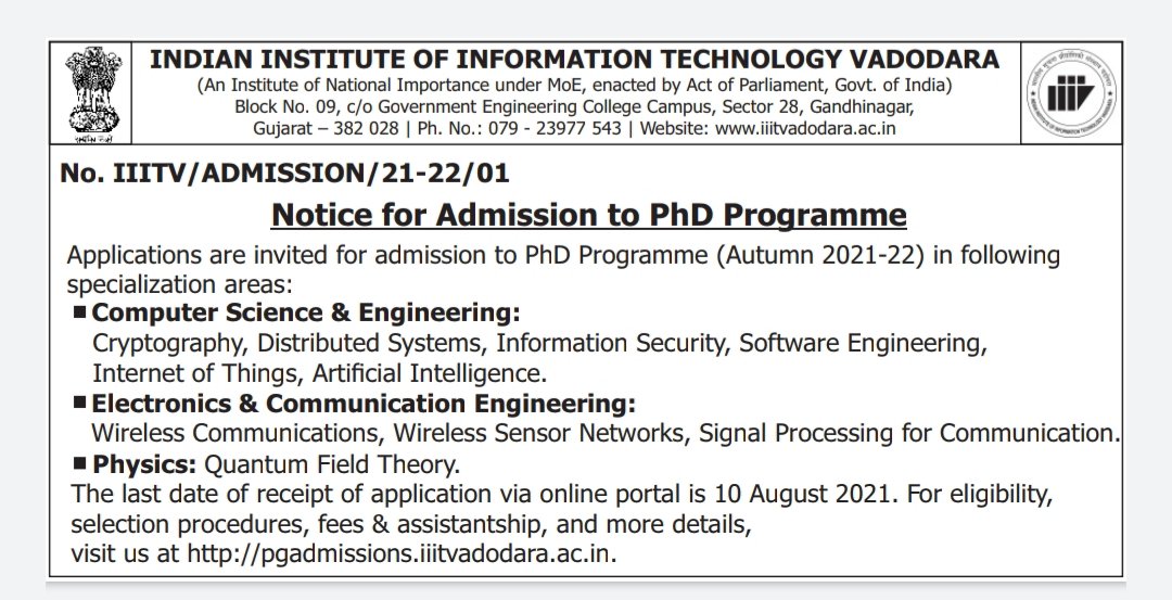 IIIT Vadodara Announces PhD Admission with Fellowships Autumn 2021-22 ! Online Test & Interview