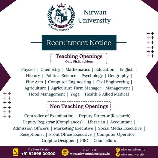 Nirwan University, Jaipur Hiring Faculty Posts and Non-Teaching Positions