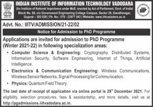 IIIT Vadodara Announces PhD Admission Winter Semester 2021-22 with Fellowships 