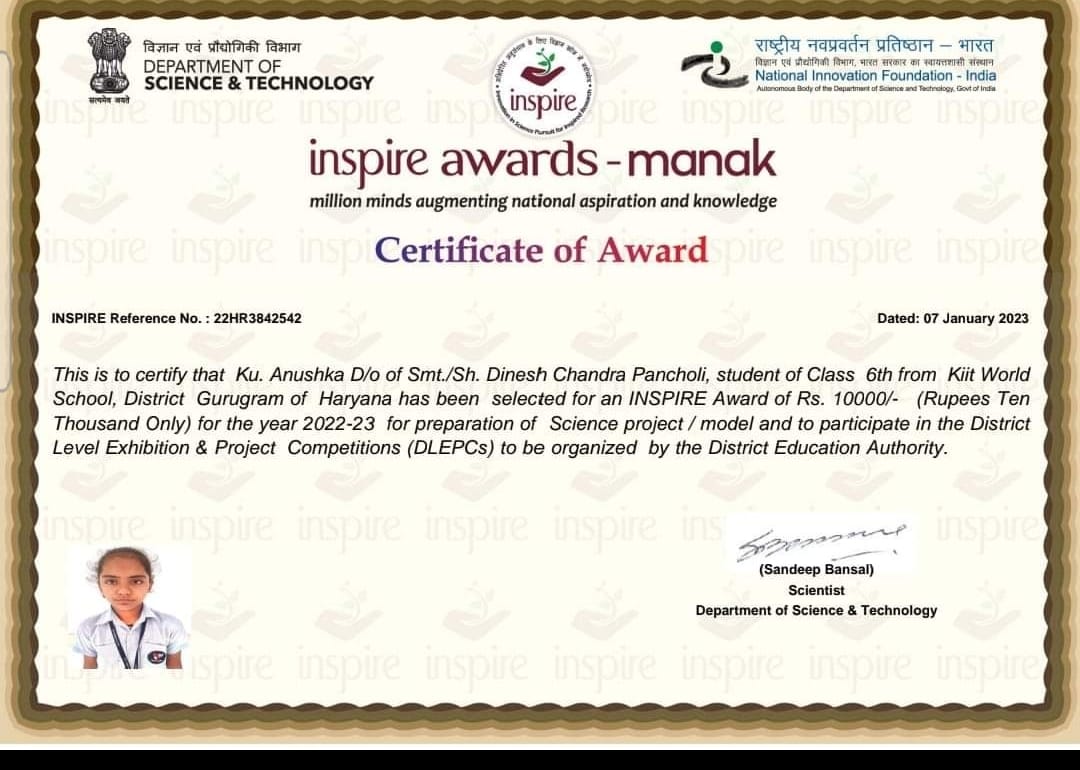 KIIT World School student Anushka got selected for Inspire Award for ...