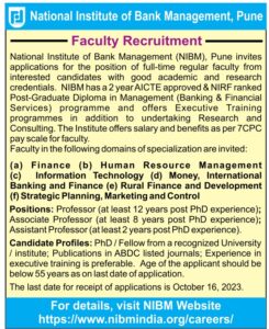 National Institute of Bank Management Pune Hiring Faculty Posts ! Apply Before 16 Oct 2023